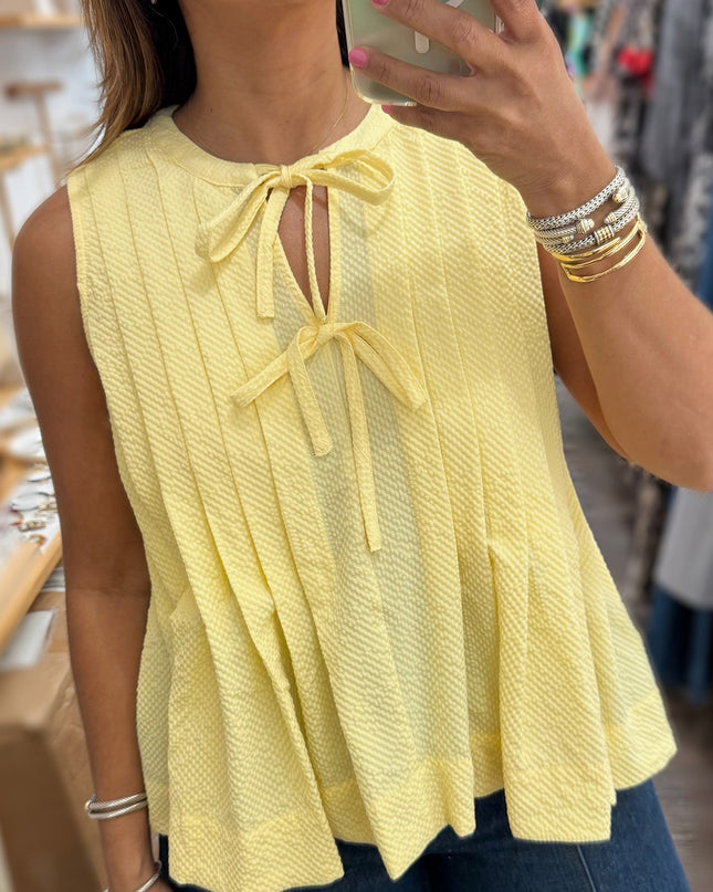Yellow Cream Bow Tie Notched Neck Pleated Tank Top
