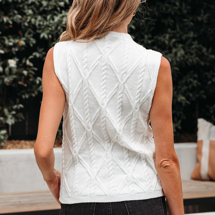 White Pearled High Neck Textured Knit Sweater Vest