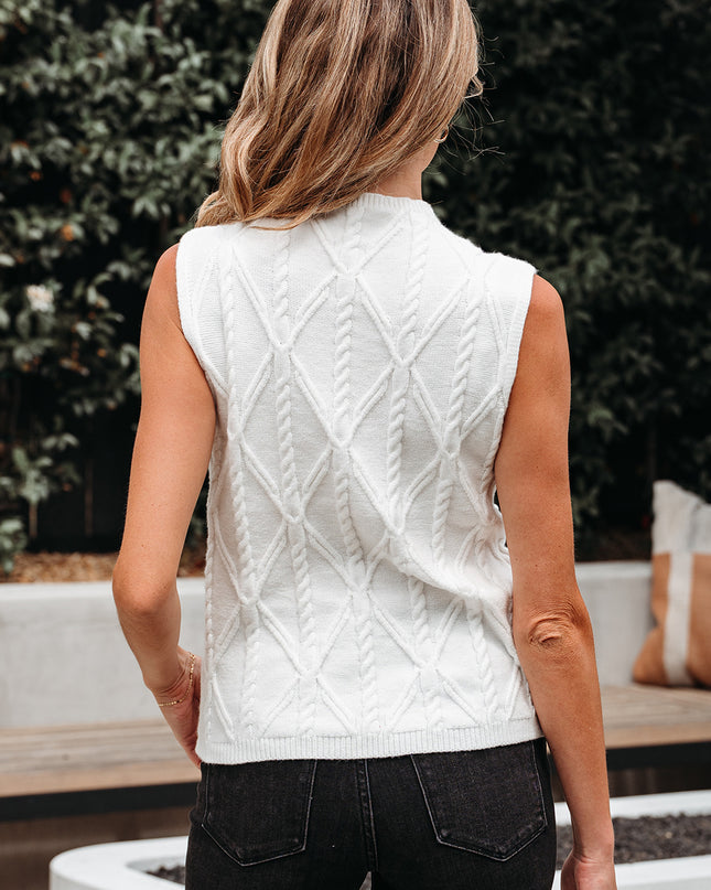 White Pearled High Neck Textured Knit Sweater Vest