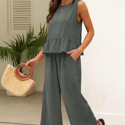 Beau Blue Solid Color Ribbed Ruffle Tank Top and Pants Set