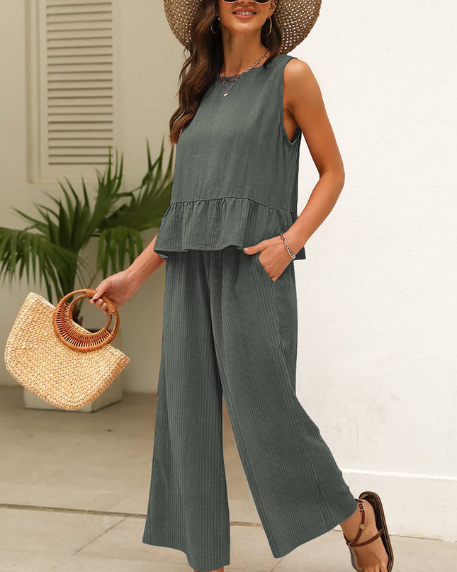 Beau Blue Solid Color Ribbed Ruffle Tank Top and Pants Set