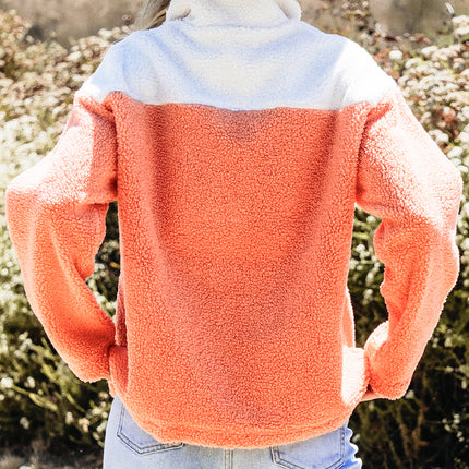 Orange Colorblock Half Zipper Stand Neck Sherpa Sweatshirt