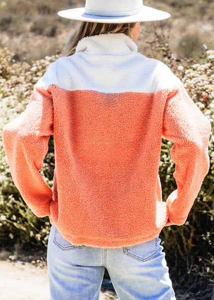 Orange Colorblock Half Zipper Stand Neck Sherpa Sweatshirt