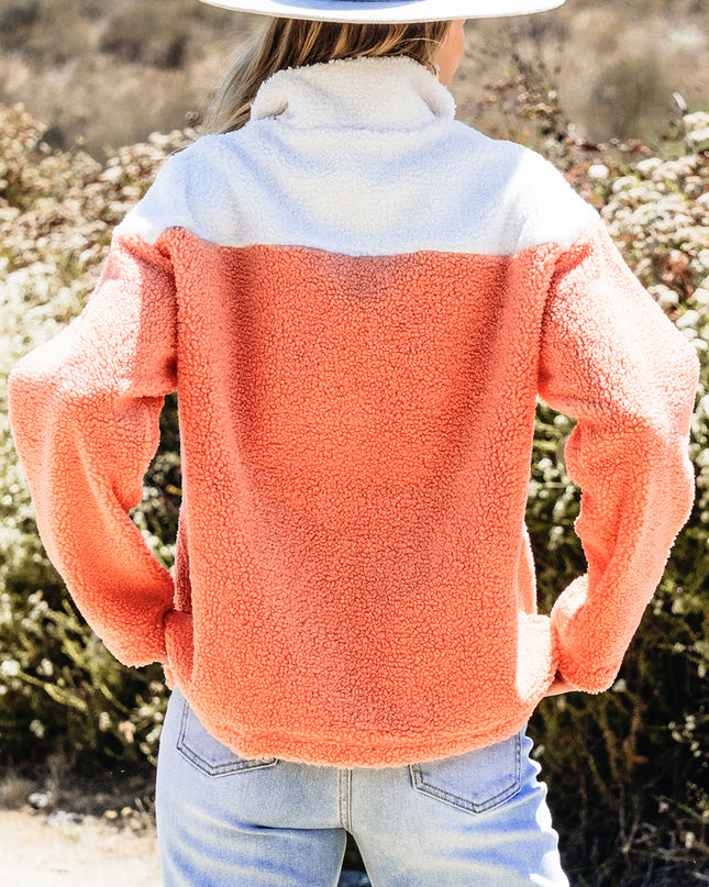 Orange Colorblock Half Zipper Stand Neck Sherpa Sweatshirt