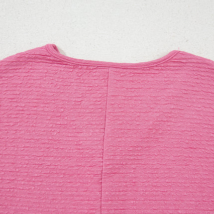 Pink Textured V Neck T Shirt and Shorts Set