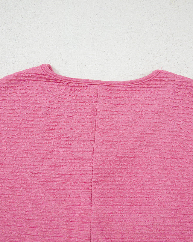 Pink Textured V Neck T Shirt and Shorts Set