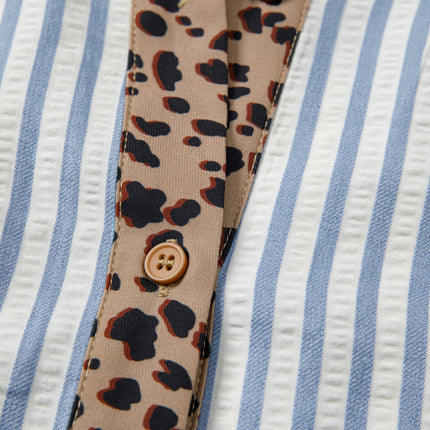 Sky Blue Stripe Leopard Trim V Neck Button Down Half Sleeve Shirt