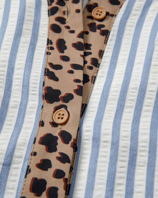 Sky Blue Stripe Leopard Trim V Neck Button Down Half Sleeve Shirt