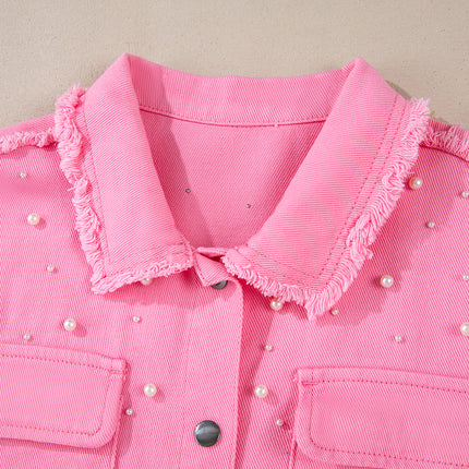 Khaki Pearl Beaded Raw Hem Button Up Denim Jacket