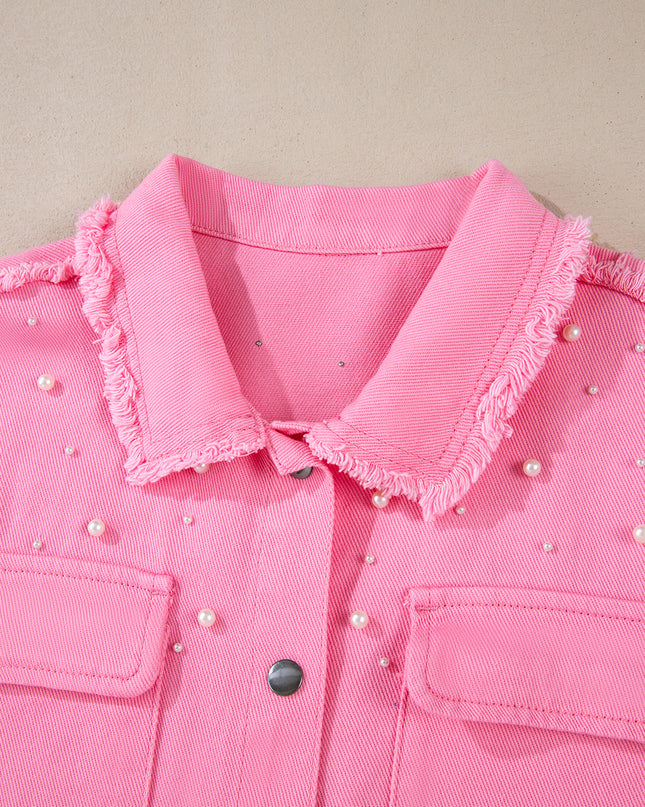 Khaki Pearl Beaded Raw Hem Button Up Denim Jacket