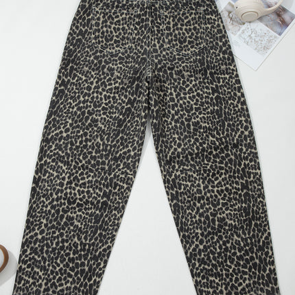 Black Leopard Print High Waist Barrel Jeans