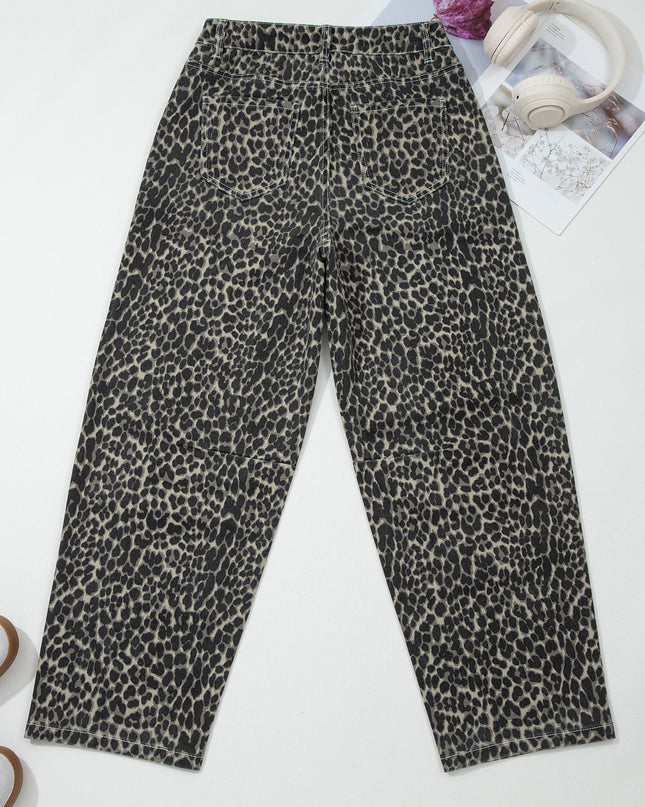 Black Leopard Print High Waist Barrel Jeans