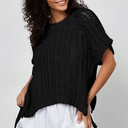 Apricot Plus Size Open Knit Bow Tie Short Sleeve Sweater