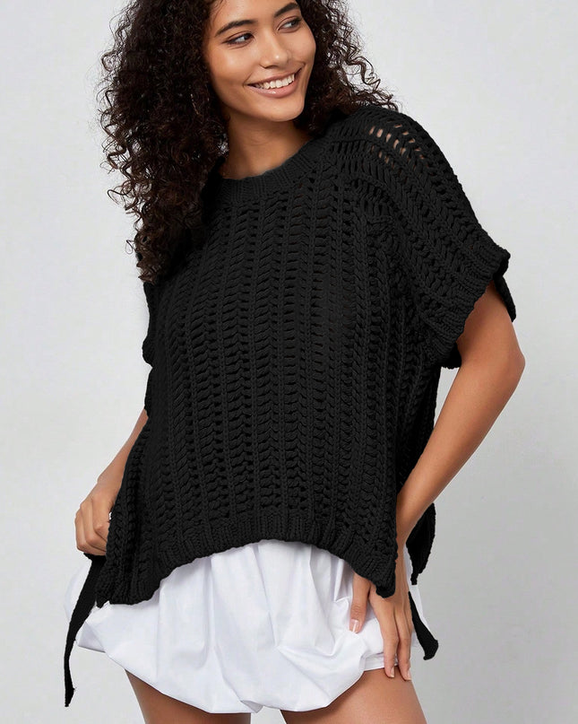 Apricot Plus Size Open Knit Bow Tie Short Sleeve Sweater