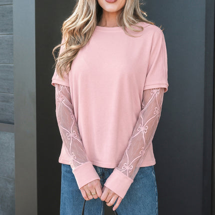 Light Pink Solid Color Bow Textured Patchwork Long Sleeve Tee