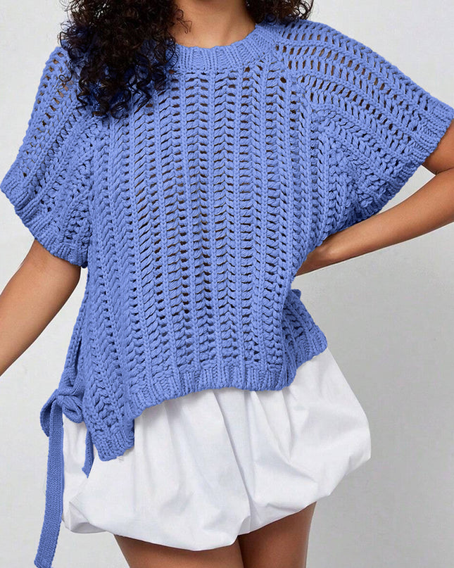 Apricot Plus Size Open Knit Bow Tie Short Sleeve Sweater