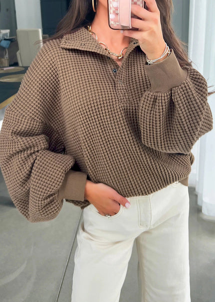 Casual Solid Color Textured Snap Button Collared Baggy Top