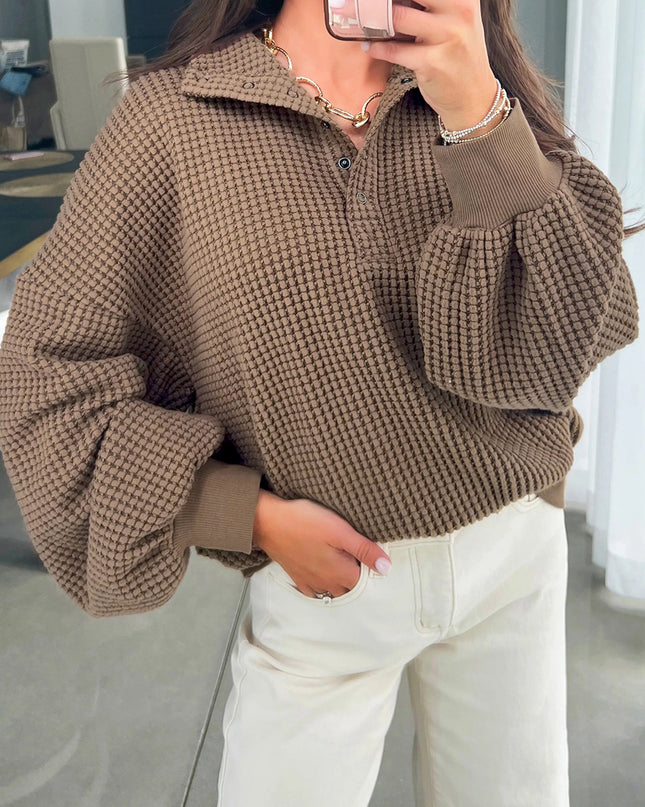 Casual Solid Color Textured Snap Button Collared Baggy Top