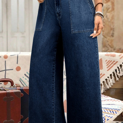 Sail Blue Plus Size Elastic Waist Ruffled Wide Leg Denim Pants