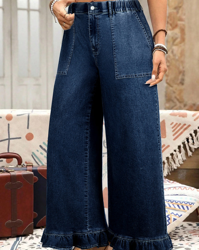 Sail Blue Plus Size Elastic Waist Ruffled Wide Leg Denim Pants