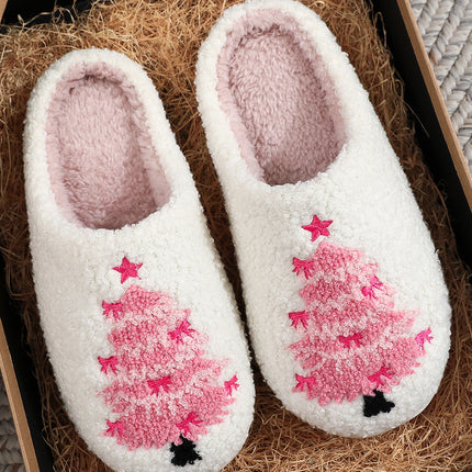 White Plush Christmas Tree Color Contrasted Liner House Slippers