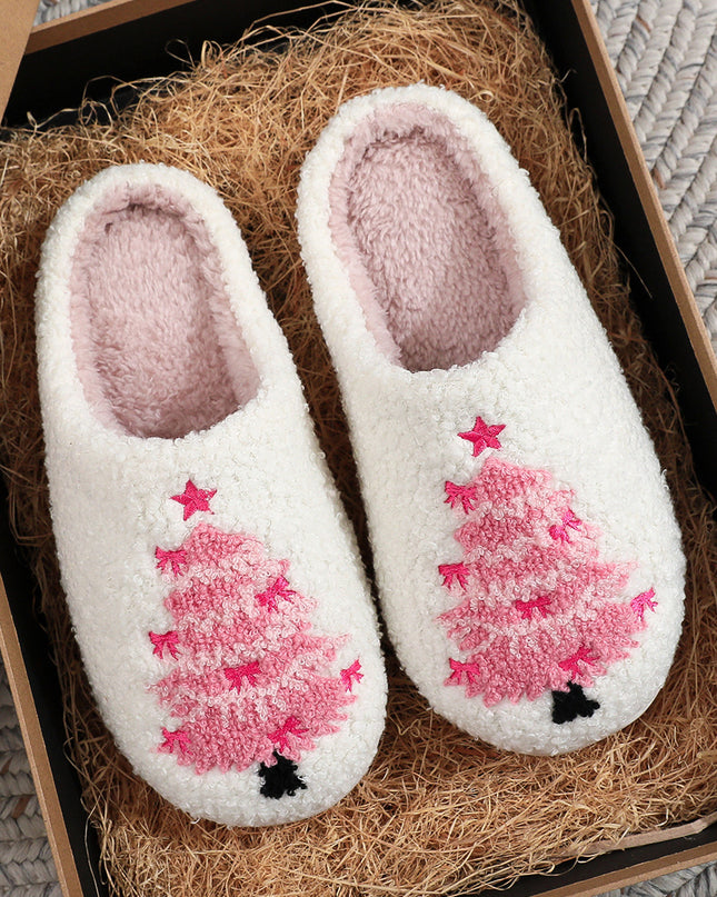 White Plush Christmas Tree Color Contrasted Liner House Slippers