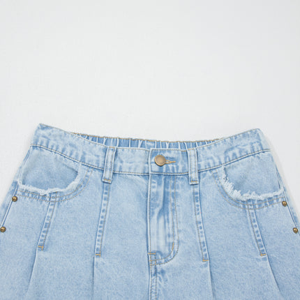Beau Blue Studded Side Slit Leg Frayed Pocketed Wide Leg Jeans