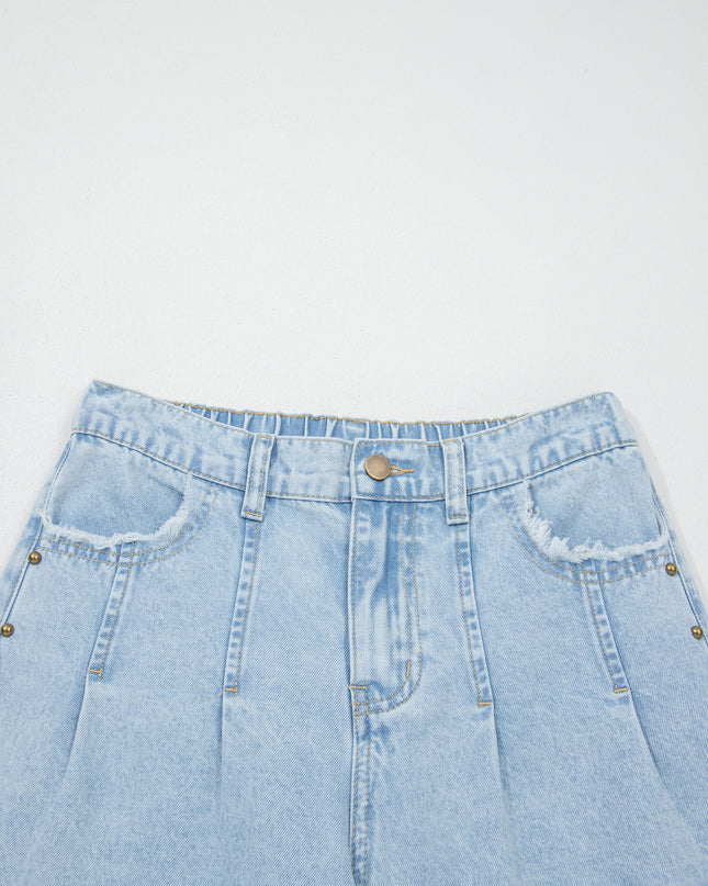 Beau Blue Studded Side Slit Leg Frayed Pocketed Wide Leg Jeans