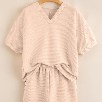 Pink Textured V Neck T Shirt and Shorts Set