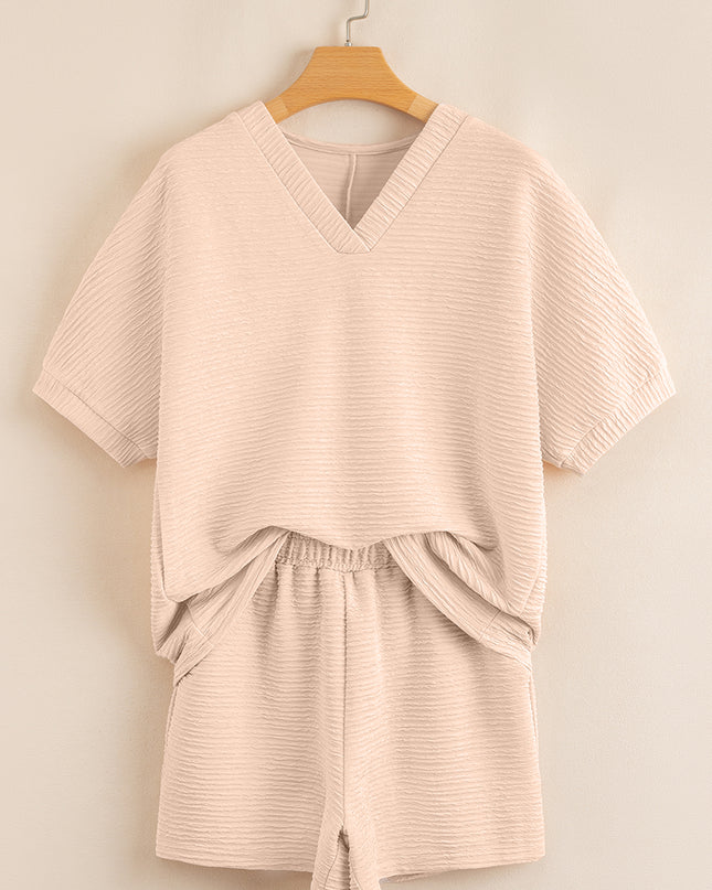 Pink Textured V Neck T Shirt and Shorts Set