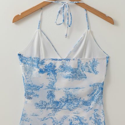 Sky Blue Random Printed Mesh Bow Detail Halterneck Tank Top