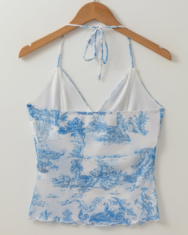 Sky Blue Random Printed Mesh Bow Detail Halterneck Tank Top