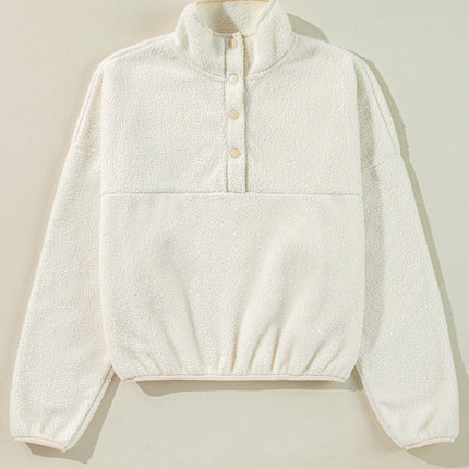 White Fleece Placket Turn-down Collar Drop Shoulder Sweatshirt