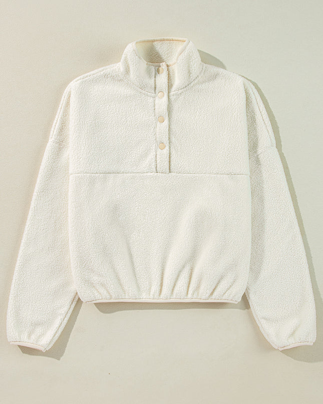 White Fleece Placket Turn-down Collar Drop Shoulder Sweatshirt