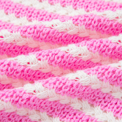 Pink Stripe Short Sleeve Knit V Neck Bow Knot Sweater