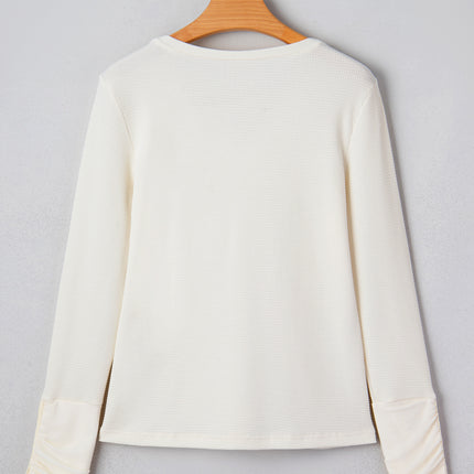 Beige Thermal Knit Lace Ruched Patchwork Long Sleeve V Neck Top