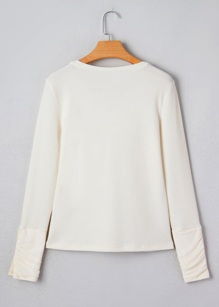 Beige Thermal Knit Lace Ruched Patchwork Long Sleeve V Neck Top