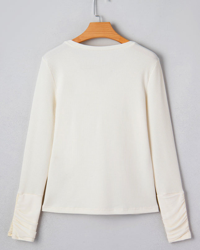 Beige Thermal Knit Lace Ruched Patchwork Long Sleeve V Neck Top