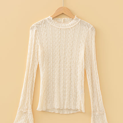 Apricot Flounced Long Sleeve Mock Neck Sheer Lace Top