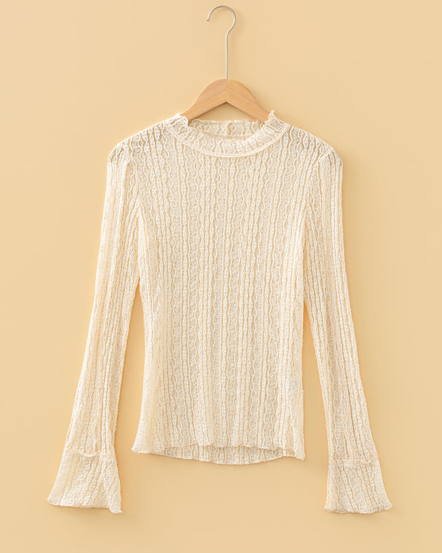 Apricot Flounced Long Sleeve Mock Neck Sheer Lace Top