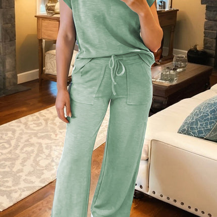 Canton Cuffed Short Sleeve Tee Raw Seam Patch Pocket Drawstring Pants Set