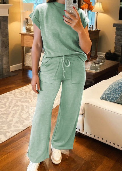 Canton Cuffed Short Sleeve Tee Raw Seam Patch Pocket Drawstring Pants Set