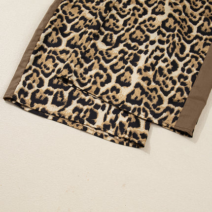 Brown Leopard Collared 3/4 Sleeve Shirt and Loose Pants Two Piece Outfit Set
