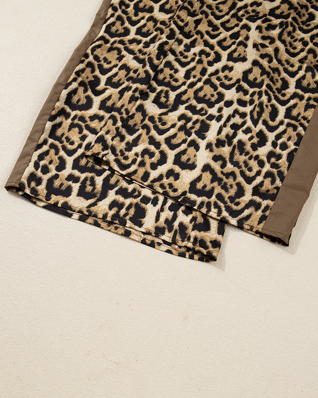 Brown Leopard Collared 3/4 Sleeve Shirt and Loose Pants Two Piece Outfit Set