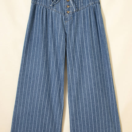 Sky Blue Stripe Button Pleated Drawstring Waist Casual Wide Leg Jeans
