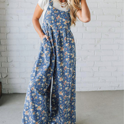 Vintage Rose Printed Denim Jumpsuit