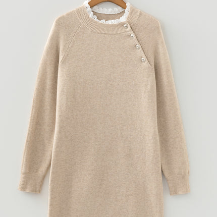 Parchment Button Lace Detail Raglan Sleeve Shift Mini Sweater Dress