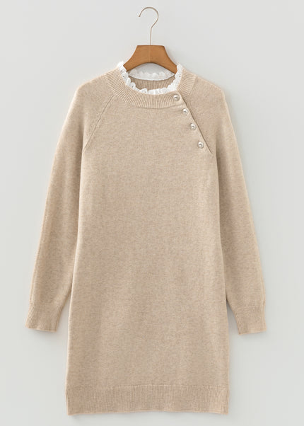 Parchment Button Lace Detail Raglan Sleeve Shift Mini Sweater Dress