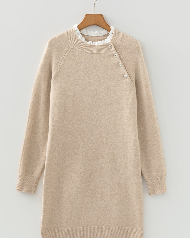 Parchment Button Lace Detail Raglan Sleeve Shift Mini Sweater Dress