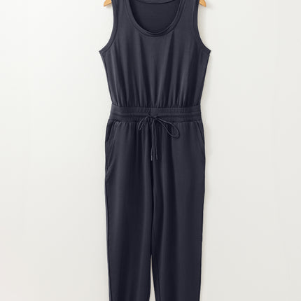 Black Casual Tank Style Tie Waist Pocketed Jogger Jumpsuit